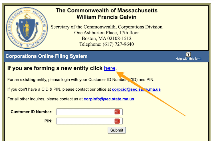 Massachusetts LLC Online Filing Homepage