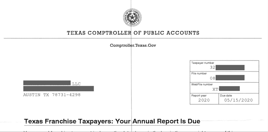 Texas Annual Report Reminder Notice with XT Number