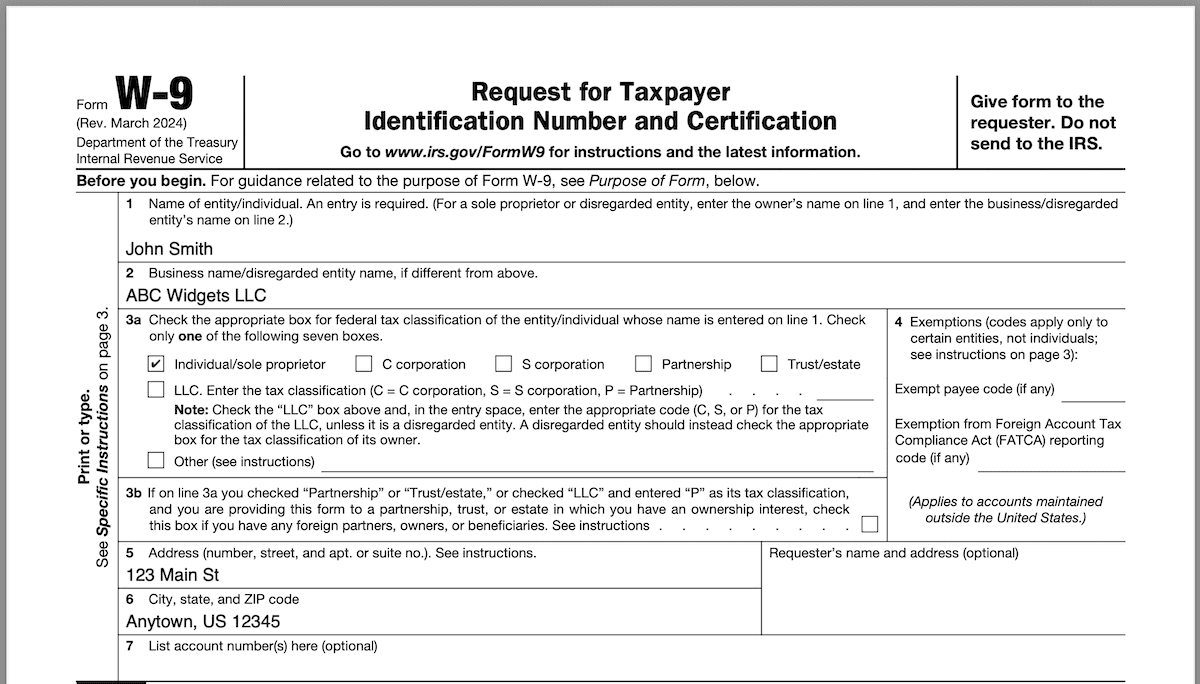 Example of Form W9 for Single-Member LLC