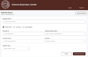 This screenshot shows an example of the Arizona Business Center's Business Search tool.