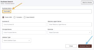 An orange arrow points to an orange box around the word Riverwalk. A blue arrow points to the Business Search button.
