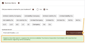 An orange arrow points to an orange box around the green box stating the business name is likely available.