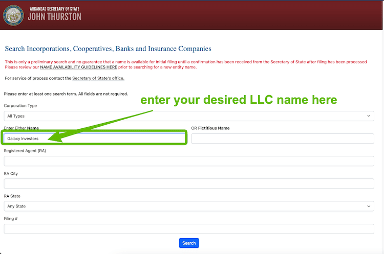 Screenshot with instructions on how to use the Arkansas Business Entity Search