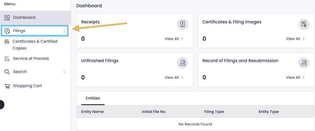 In the DC CorpOnline dashboard, an orange arrow points to a blue box around the word Filings.