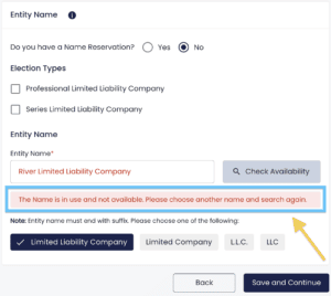 In the DC LLC Articles of Organization filing, an orange arrow points to a blue box around the message stating the LLC name isn't available.
