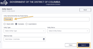 In the DLCP Business Entity Search, an orange arrow points to an orange box in the Entity Name field where we've entered the sample business name Riverwalk. A second orange box surrounds the Search button.