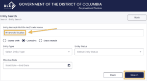 In the DLCP Business Entity Search, an orange arrow points to an orange box in the Entity Name field where we've entered the example name Riverwalk studios. A second orange box surrounds the Search button.