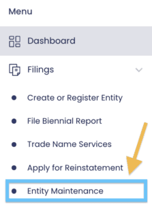 In the DC CorpOnline dashboard, an orange arrow points to a blue box around the words Entity Maintenance.