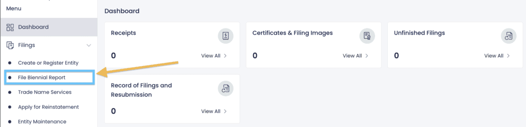 In the DC CorpOnline dashboard, an orange arrow points to a blue box around the words File Biennial Report.