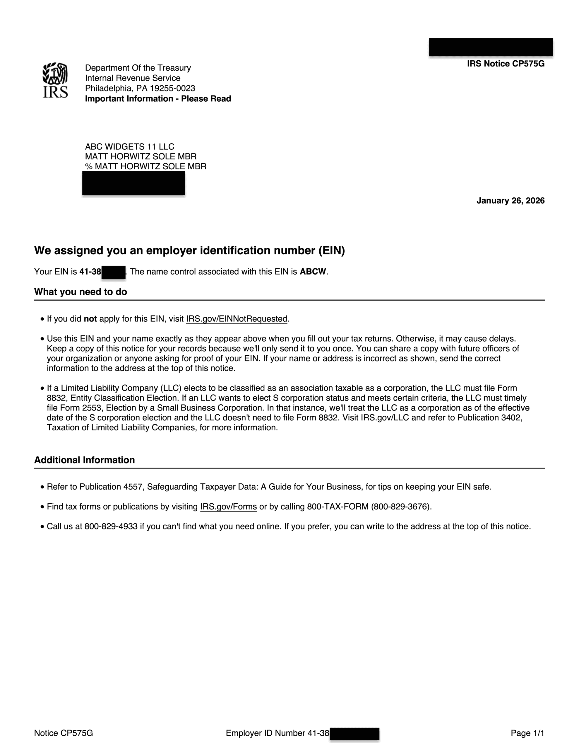 An example of the IRS EIN Confirmation Letter CP575G