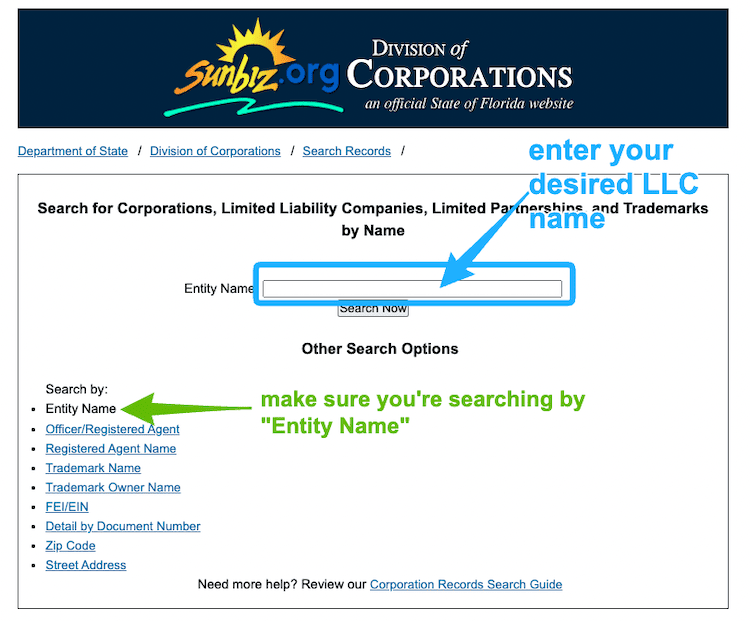 Screenshot with instructions on how to use the Florida Business Entity Search