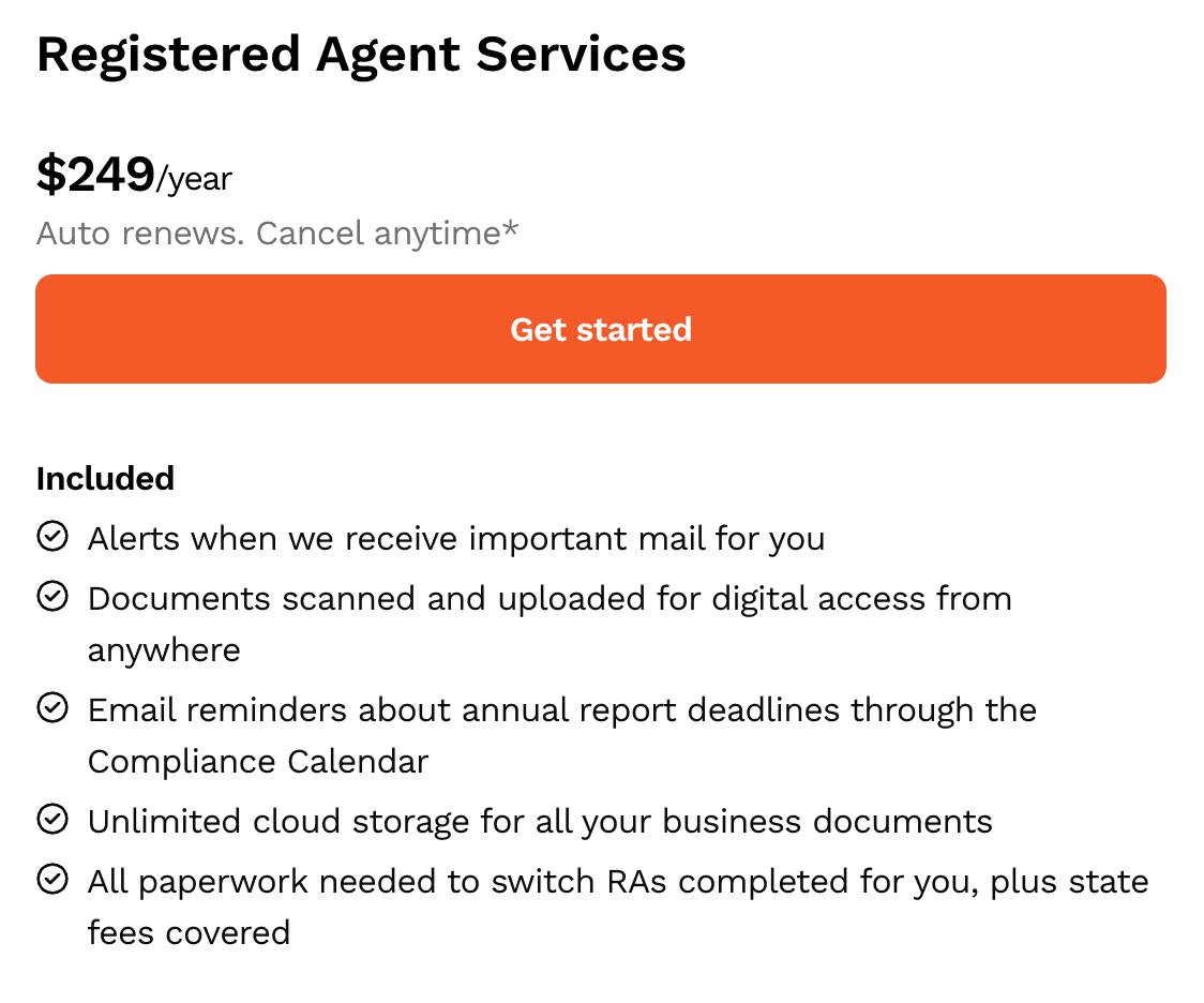LegalZoom's Registered Agent service auto-renews every year.