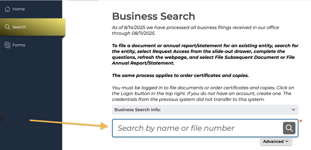 An orange arrow points to the search box on the Michigan Business Search page.