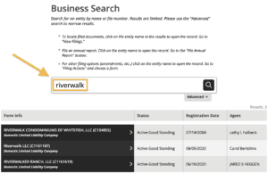 On the Montana Secretary of State's Business Services page, an orange arrow points to an orange box around the example search term riverwalk.