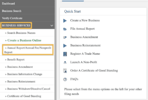 In the New Hampshire QuickStart dashboard menu, two orange boxes surround the words Business Services as well as Annual Report/Annual Fee/Nonprofit Report.