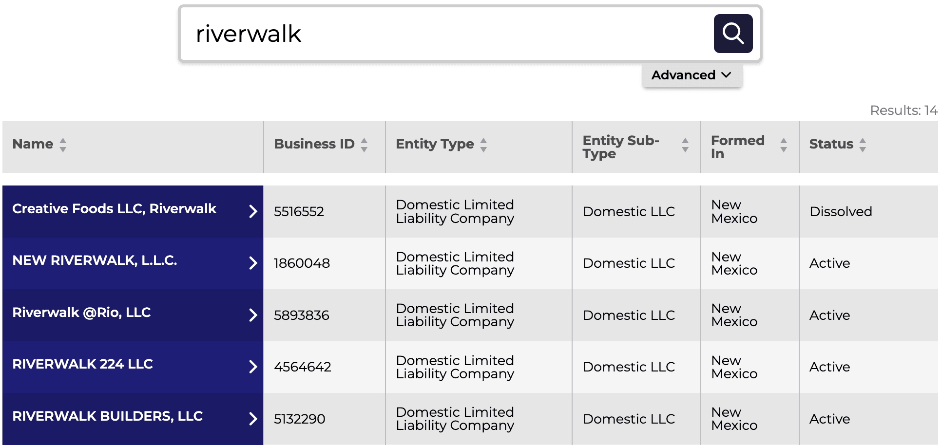 The New Mexico Secretary of State Business Search tool has the term riverwalk in the search box. Below the box is a list of businesses in New Mexico that have the term riverwalk in the business name.