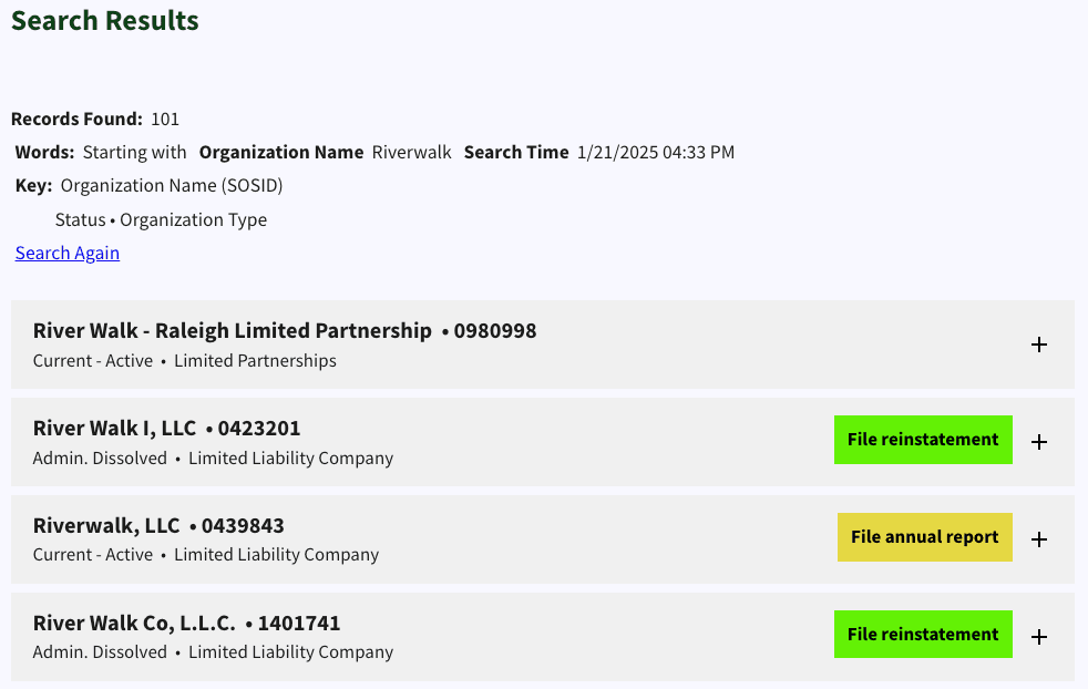 The North Carolina Secretary of State name search results include business names, entity types, business status, and links to file an Annual Report or Reinstatement.