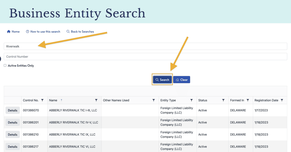 2 orange arrows point to the phrase Riverwalk in the search bar, and an orange rectangle surrounding the Search button.