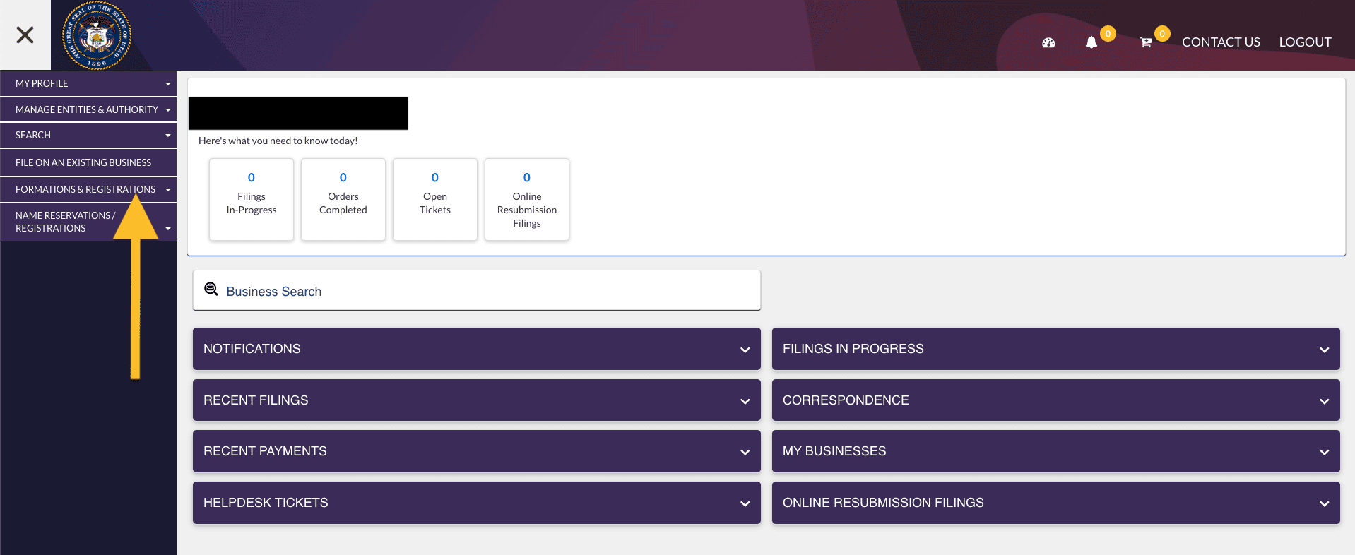 A yellow arrow points to the, Formation and Registration, dropdown menu. This menu is on the page of the Utah Division of Corporations Business Registration System Dashboard.