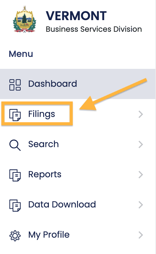 In the Vermont Business Filings Dashboard, an orange arrow points to an orange rectangle that surrounds the word Filings.